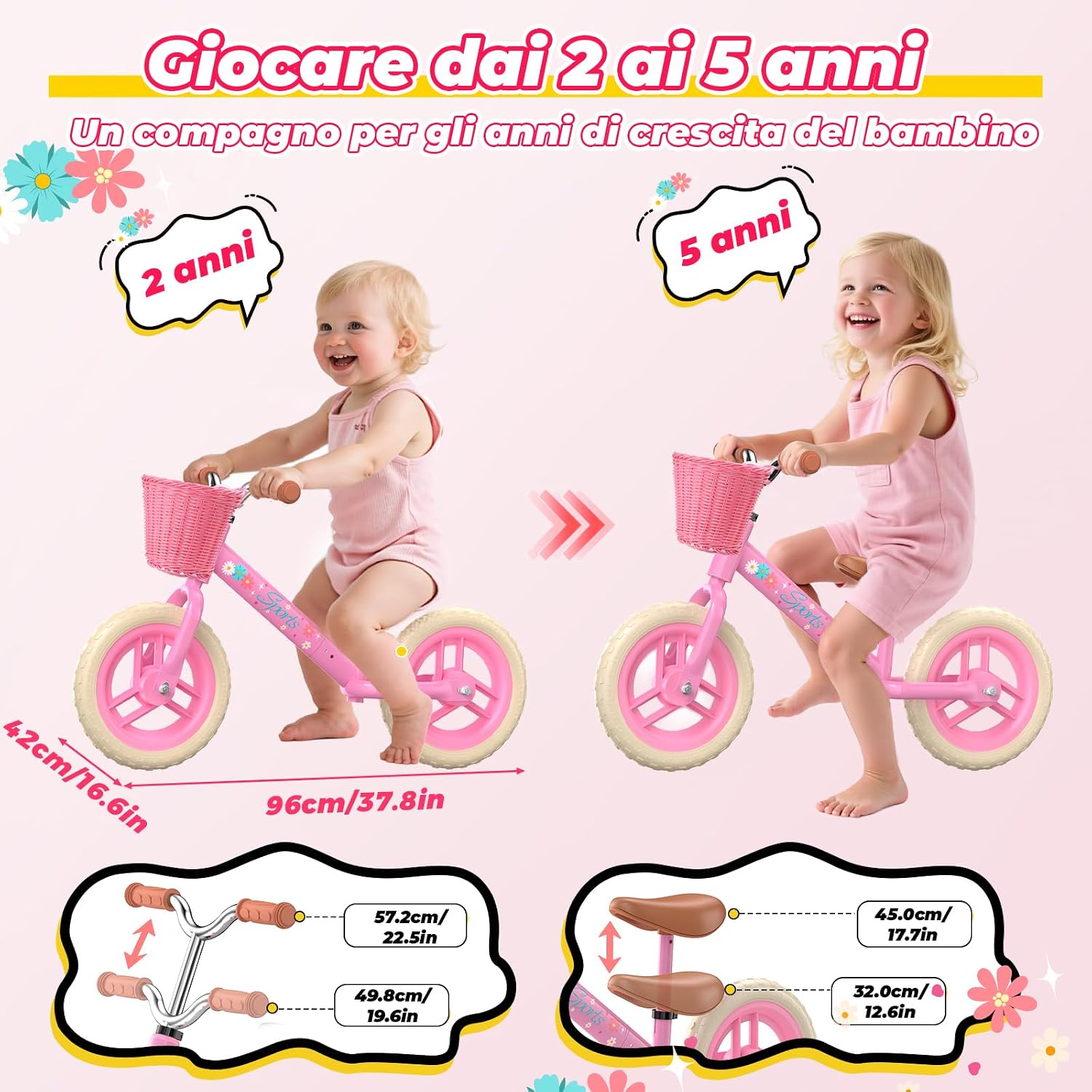 Thumbnail 5 de HappyGoLucky Bici Senza Pedali 2-5 Anni: design floreale, telaio in acciaio al carbonio e ruote luminose con cestino intrecciato