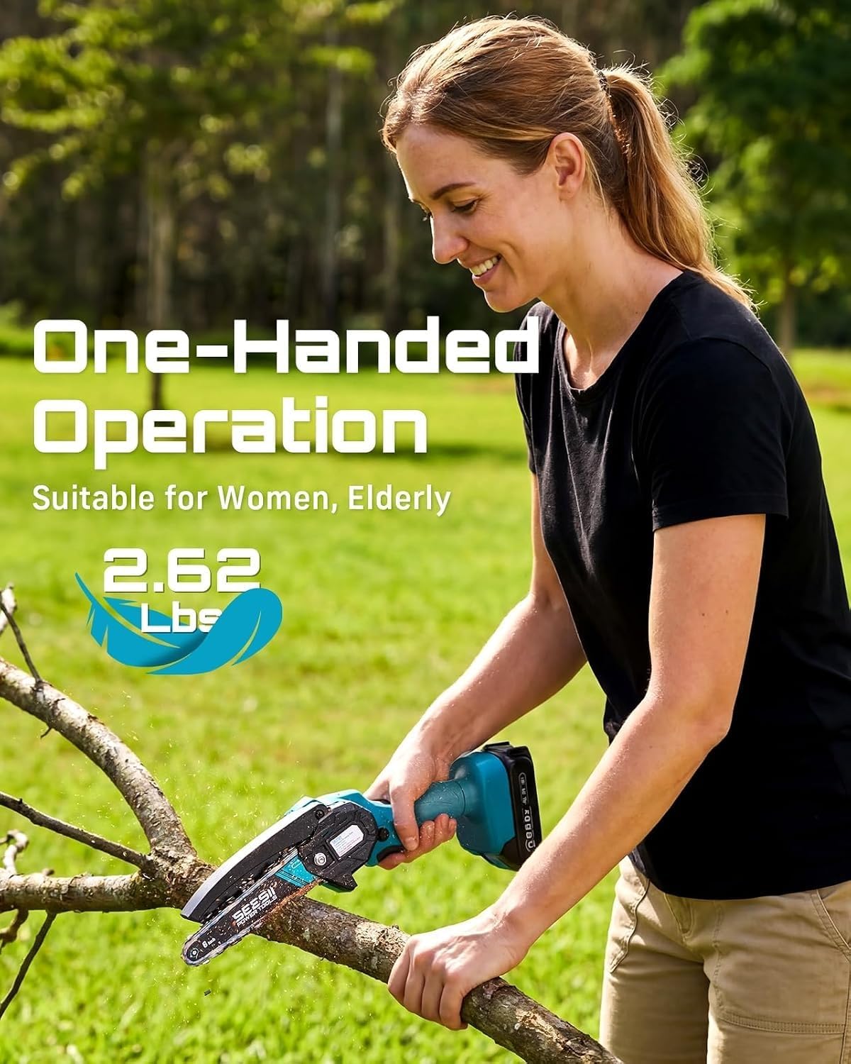 Detalle de Seesii Mini Chainsaw (6-inch, Cordless) With 2 Batteries — Handheld Power Chain Saw for Tree Trimming and Wood Cutting