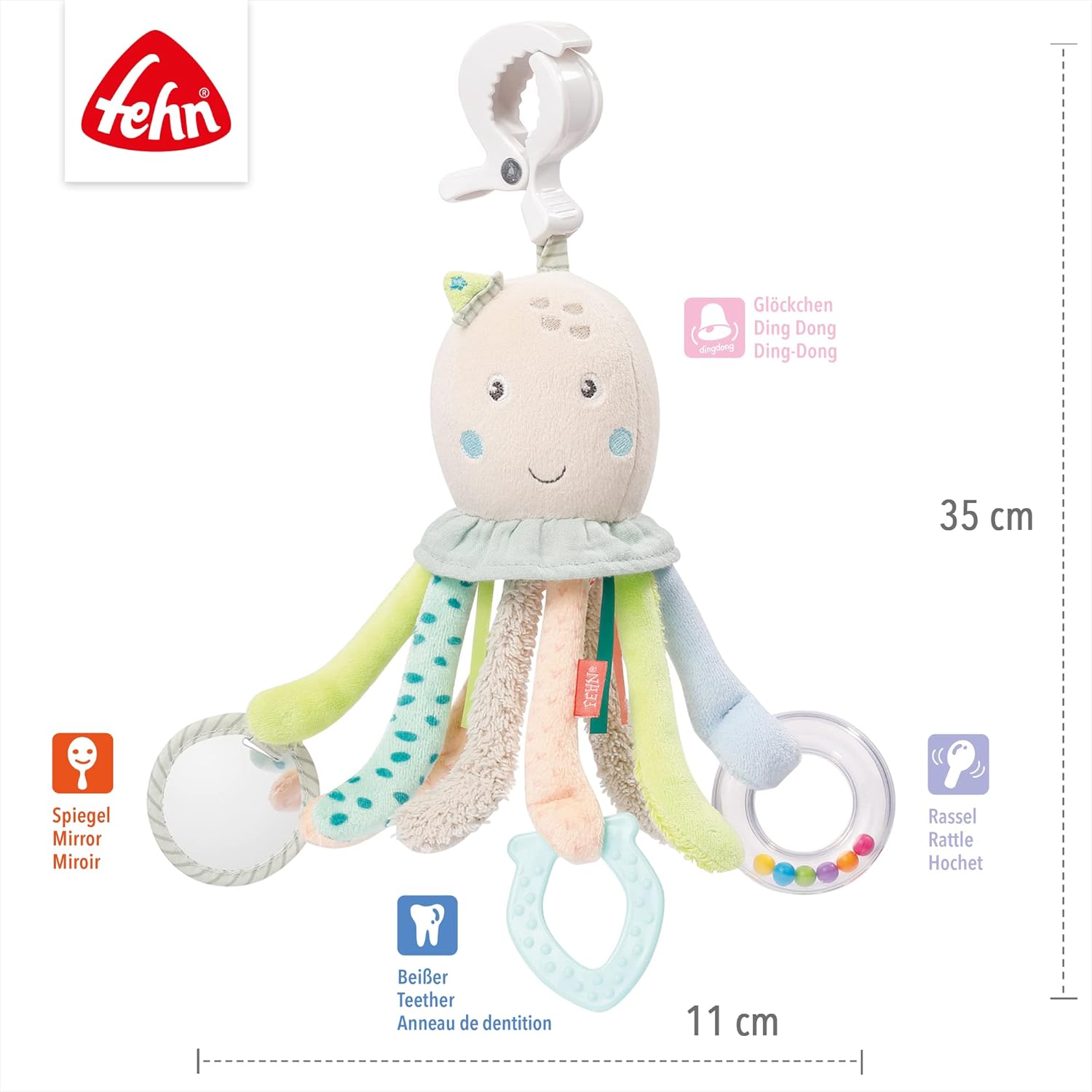 Detalle de Fehn Activity-Spieltier Oktopus – Baby Motorikspielzeug für Kinderwagen, Bett und Babyschale