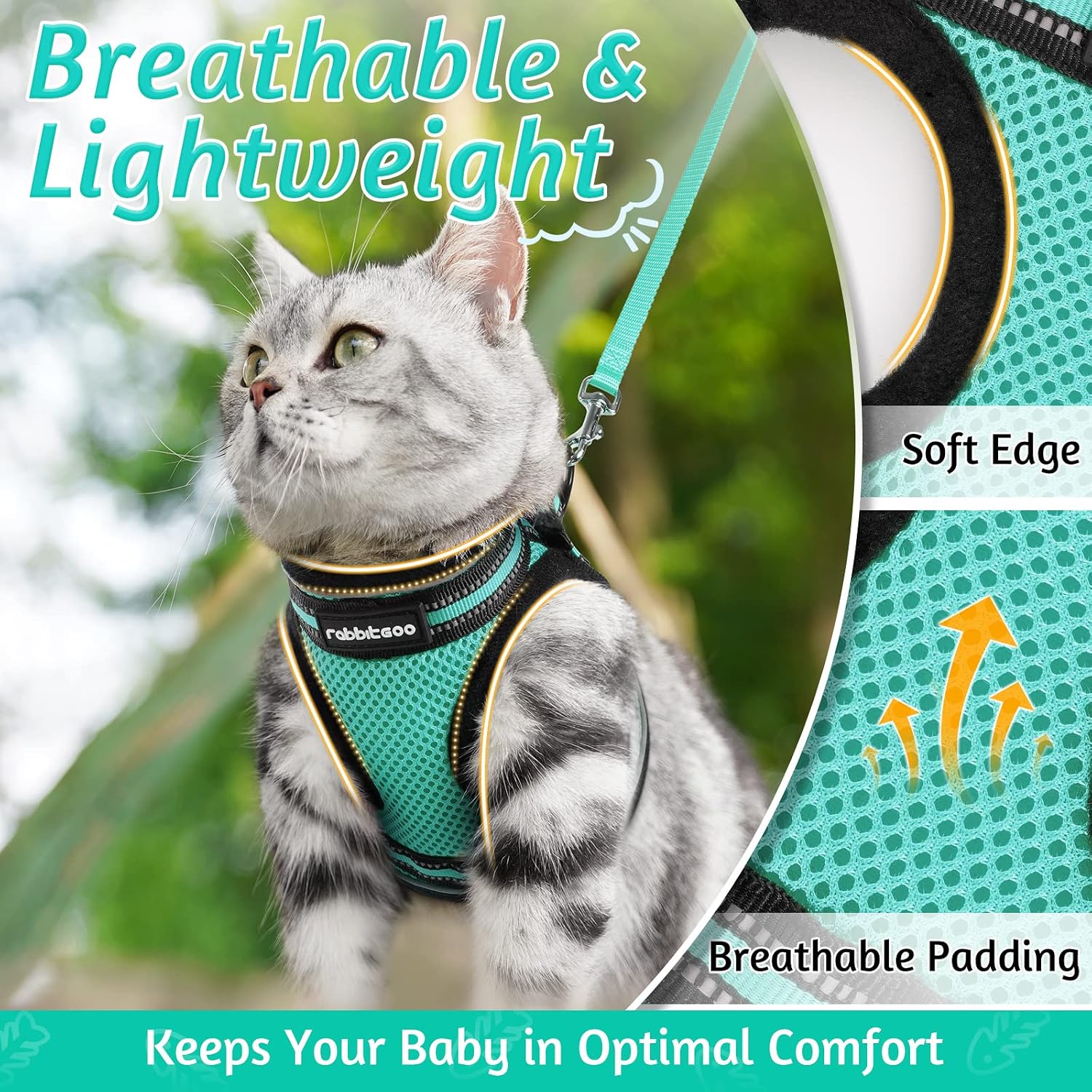 Detalle 2 de rabbitgoo Cat Harness and Leash Set (Escape Proof, Reflective Strip) – Adjustable Soft Vest Harness, Green, Size M