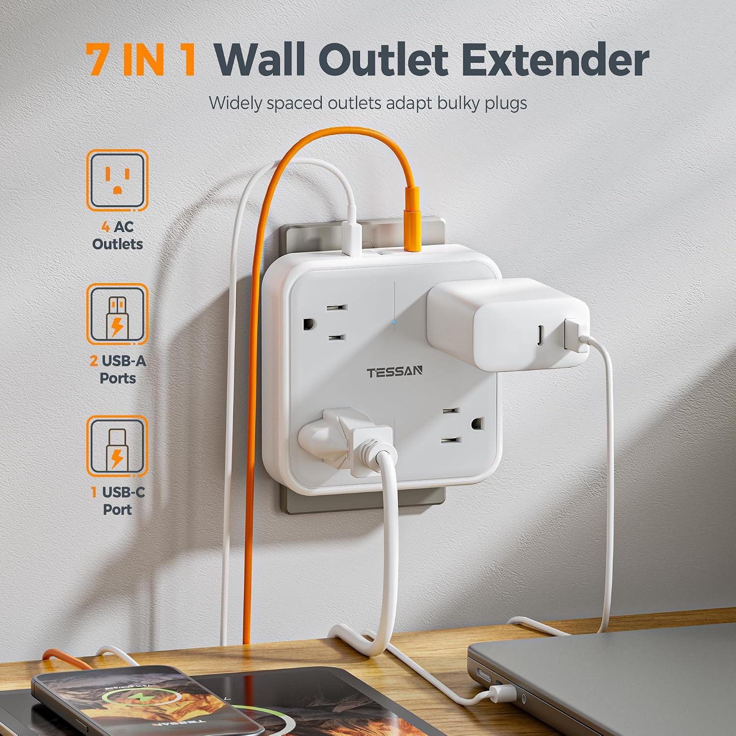 Detalle 2 de TESSAN TS-WM102-C Wall Outlet Extender, 4 AC Outlets, USB-C and USB-A, Surge Protection