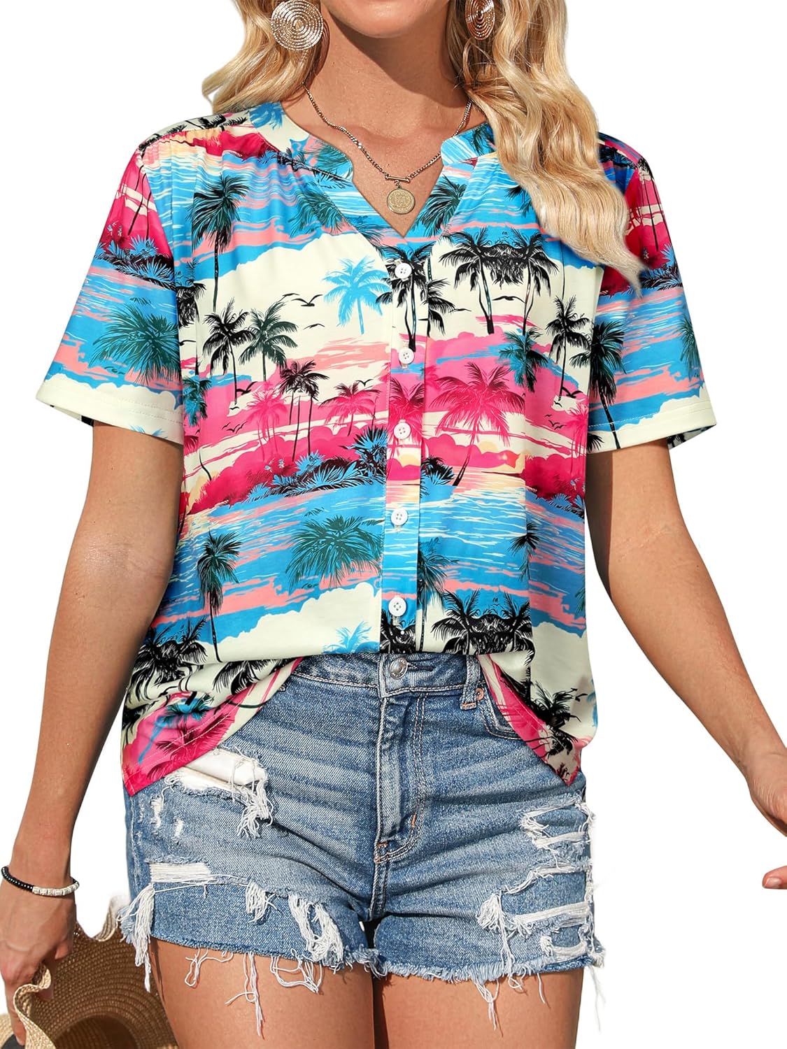 Thumbnail 2 de WIEIYM Women V Neck Pleated Puff Short Sleeve Floral T Shirt – Tropical Printed Blouse Top