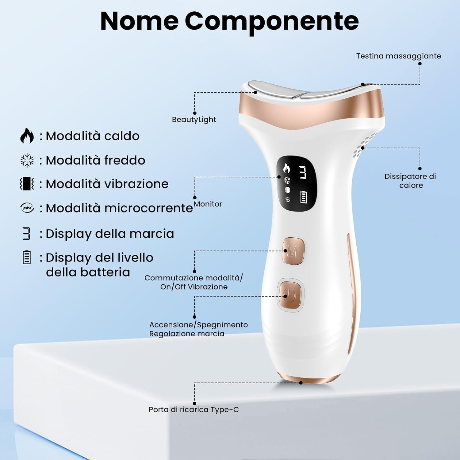 Thumbnail 6 de Massaggiatore Viso Lifting Elettrico Antirughe: EMS, Caldo e Freddo, 7 Modi e 7 LED – Bianco