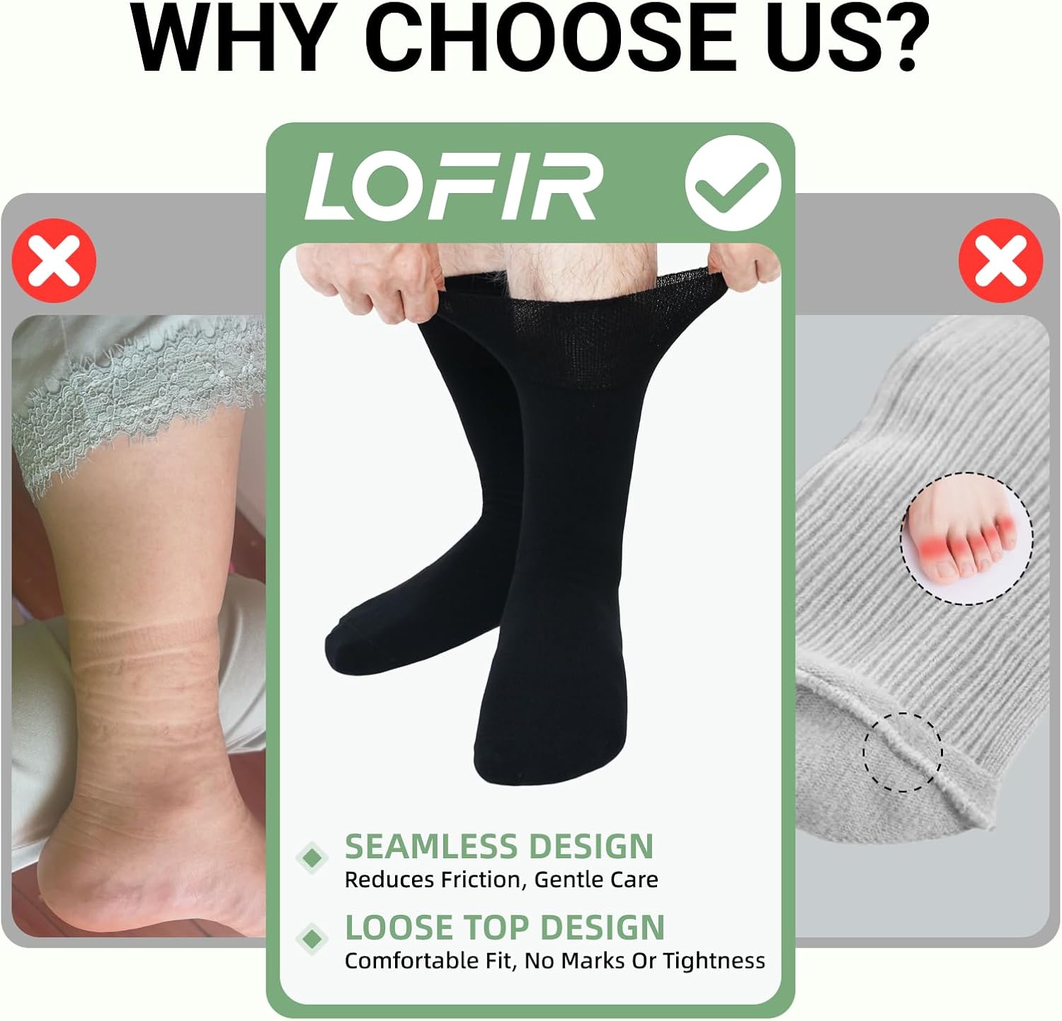 Detalle de LOFIR Diabetic Socks for Women and Men: Bamboo Soft Top Crew, Wide Loose Fitting, Non Elastic Seamless for Swollen Feet