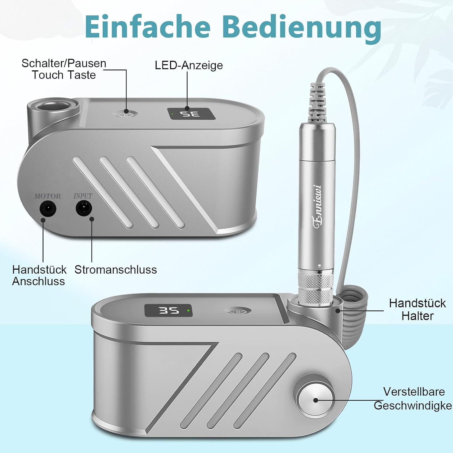 Detalle de Enniewi Nagelfräser – Elektrische Nagelfeile für Maniküre & Pediküre, 35000 U/min, 30 W, Set mit 6 Fräsen