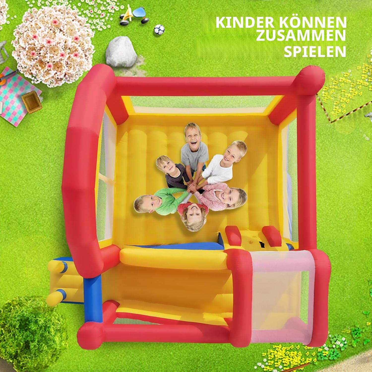 Detalle 2 de Ballsea Hüpfburg XXL – Großes aufblasbares Schloss mit Trampolin, Rutsche & Kletterwand (ohne Gebläse)