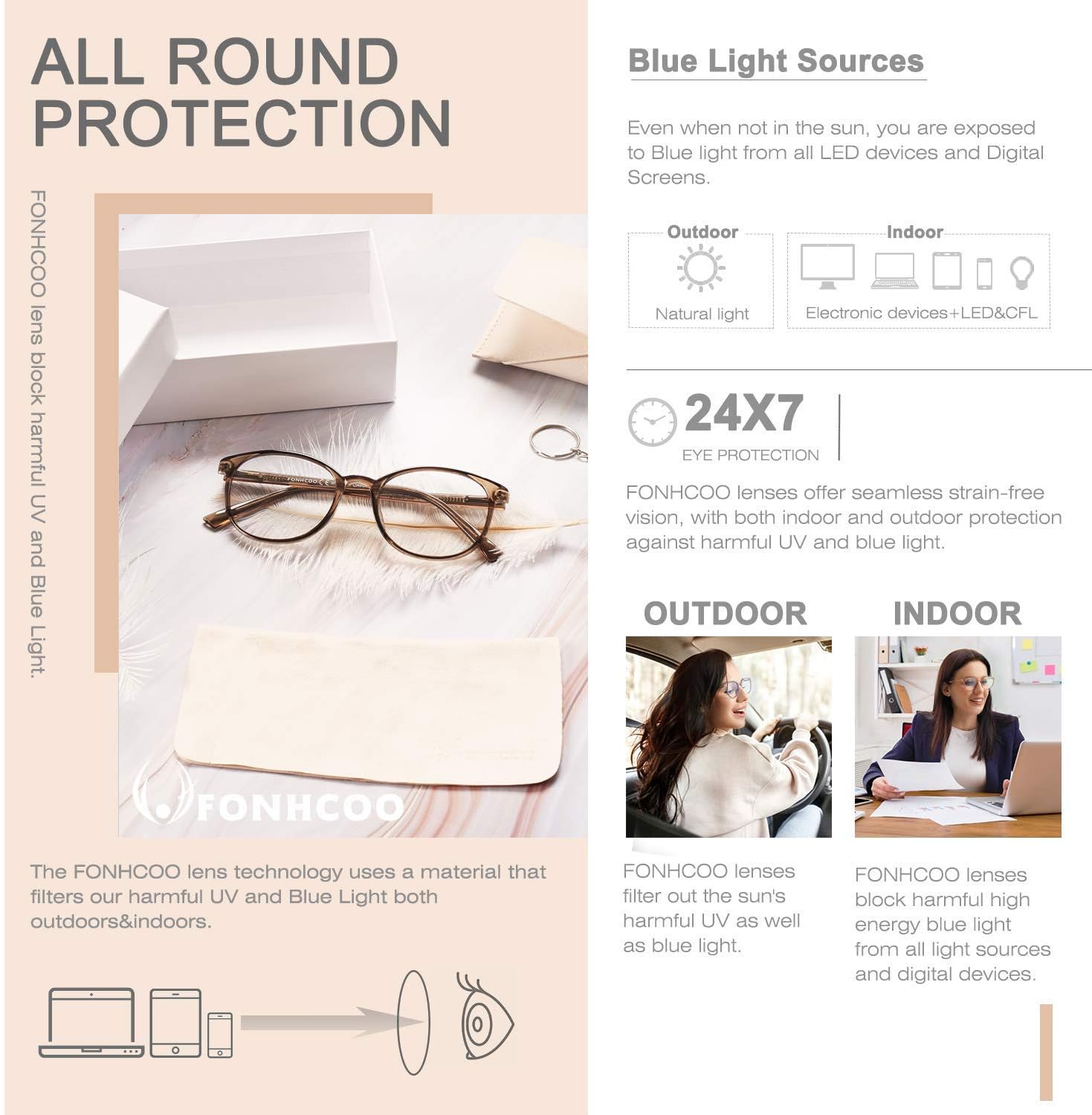 Detalle de FONHCOO Blue Light Blocking Glasses for Screen Work – TR90 Round Transparent Frames