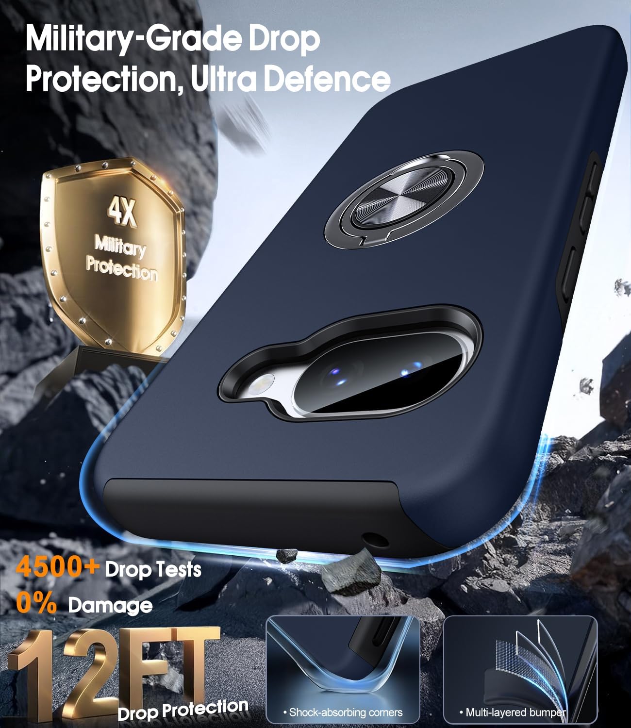 Detalle de AOUIA case for Google Pixel 9A (6.3) in Midnight Blue with 2-pack screen protectors and 360° rotating metal ring stand