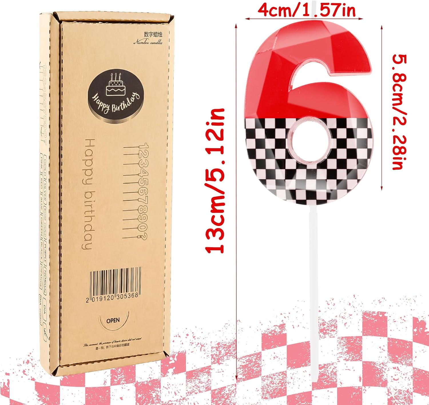 Thumbnail 1 de Hongplus 3D Racing Cars themed birthday candles (includes number 2 candle) – black, white checkered & red cake topper