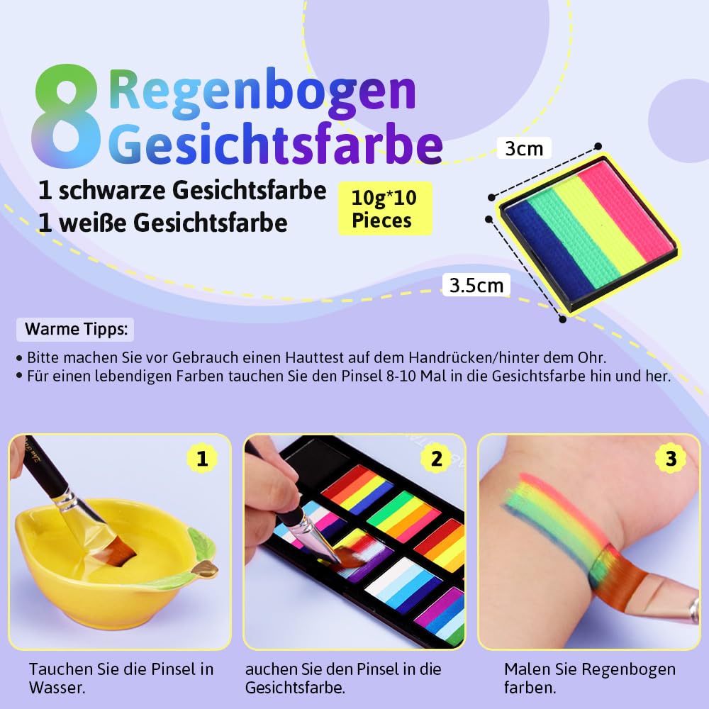Thumbnail 6 de Janolia Gesichtsfarbe Kinderschminke Set – UV-Theaterfarben, Split Cake, 8 Rainbow-Farben + Extras