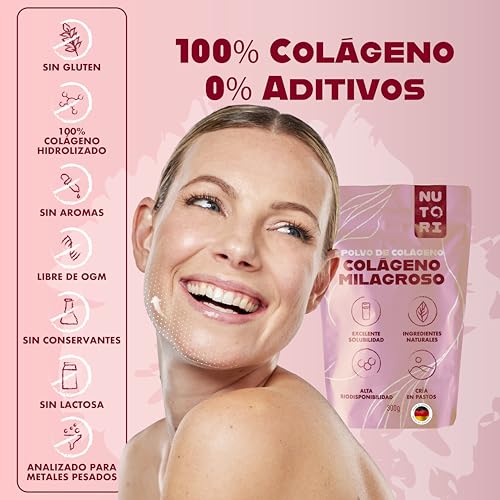 Detalle de NUTORI Colágeno en polvo 300 g: hidrolizado de alta biodisponibilidad, procedente de ganado de pastoreo
