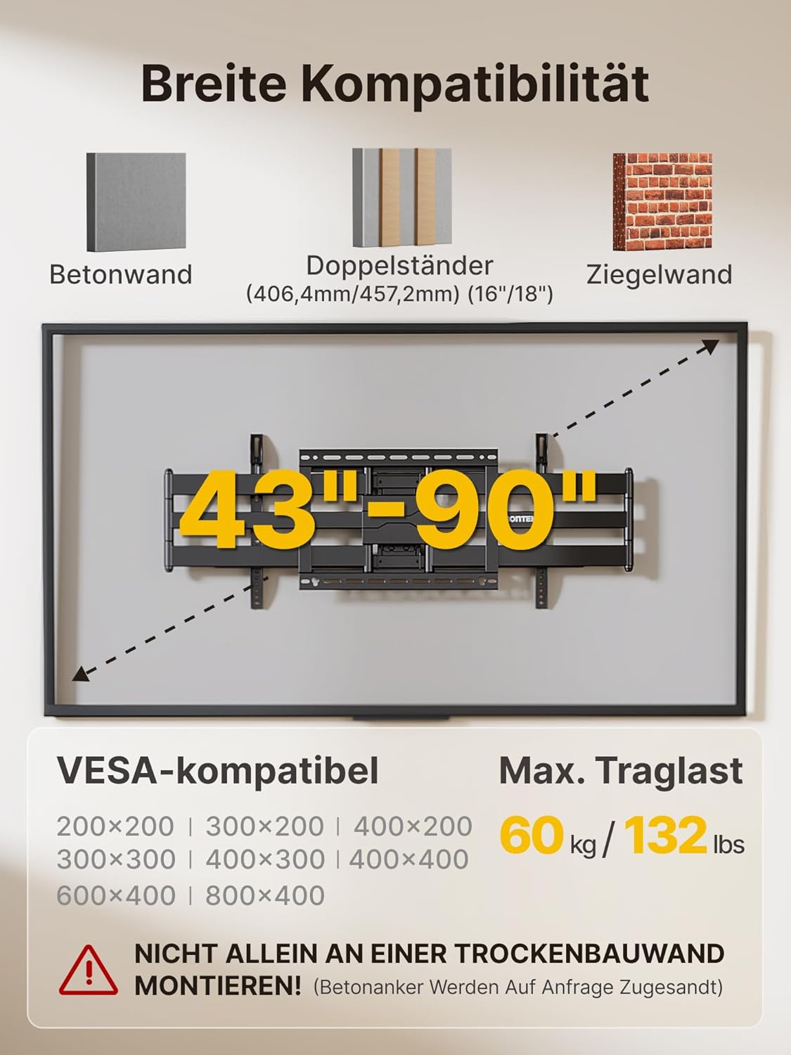 Thumbnail 1 de monTEK Langarm 1080mm TV-Wandhalterung für 43–90 Zoll bis 60 kg, ausziehbar, schwenk- und neigbar (max. VESA 800x400)