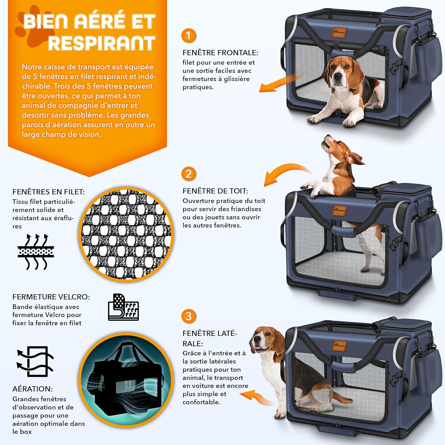 Thumbnail 4 de TRESKO Caisse de transport pliable XXL pour chiens et chats – bleu marine, 83 × 58 × 58 cm