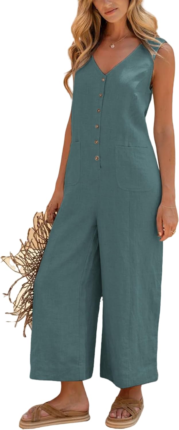 Thumbnail 1 de Yeokou Women Button Down Jumpsuits: Cotton Linen Sleeveless Wide-Leg Rompers