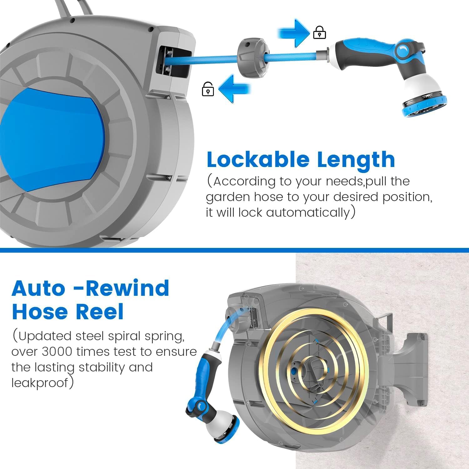 Detalle 2 de Retractable Hose Pipe 1/2" x 30m + 2m Wall Mounted Hose Reel with 10 Patterns Nozzle, Lock Any Length, 180°Swivel, Automatic Slow Rewind System