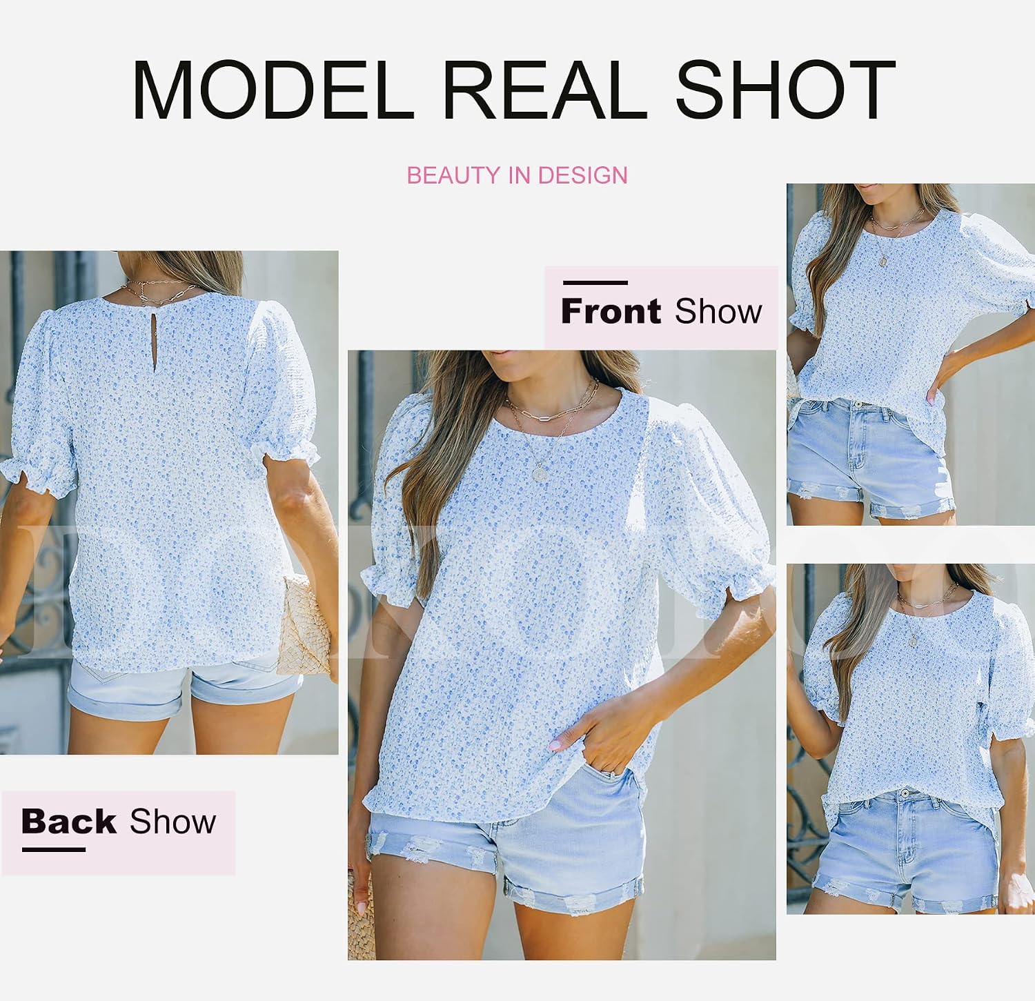 Detalle de Dokotoo Floral Print Blouses for Women – Crewneck Smocked Puff Sleeve Babydoll Top