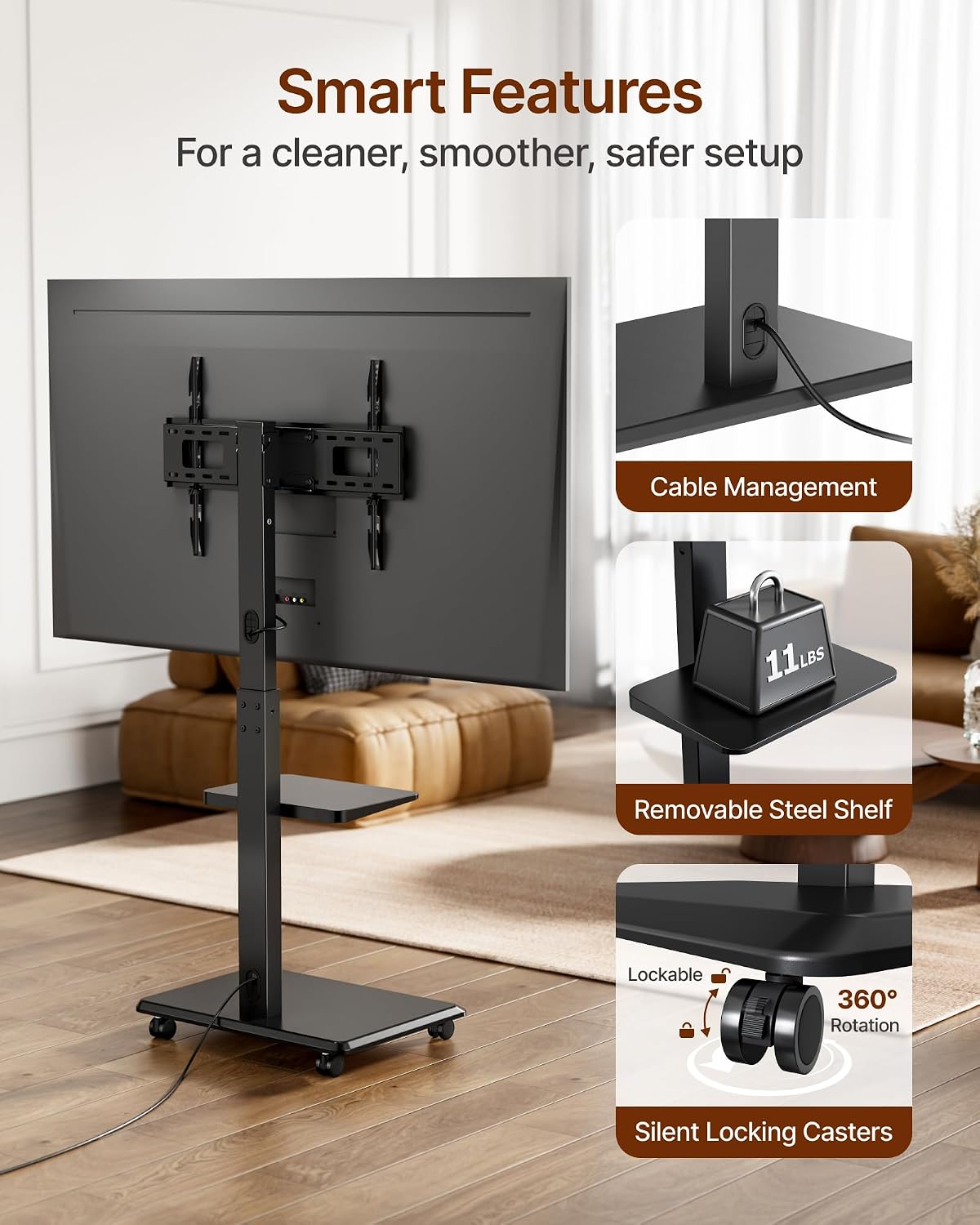 Detalle 2 de ECOTINY HW1274BK Rolling TV Stand for 32–75-Inch TVs, 110-lb Capacity