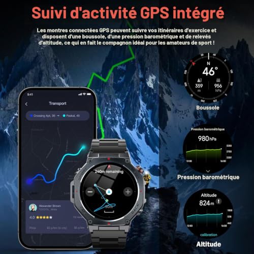 Detalle de Jugeman Montre Connectée Homme GPS 1.43" AMOLED – 5ATM, TorcheLED, Multi-Sport