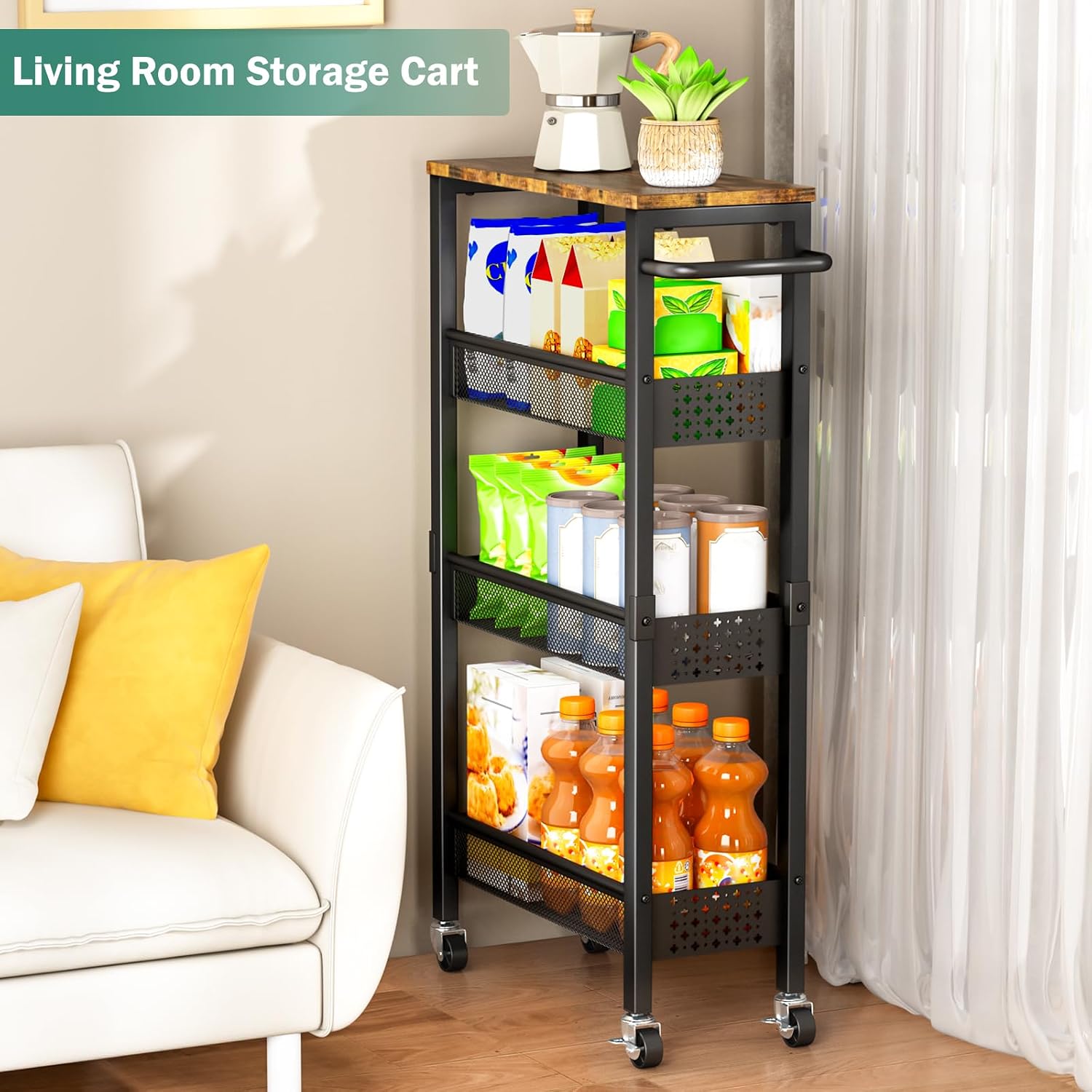 Detalle de Vivihomety Utility Slim Storage Cart with Wood Top and Wheels