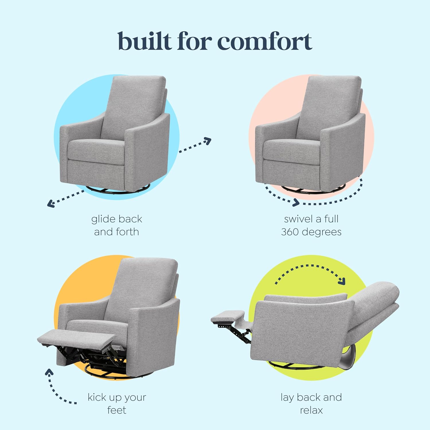 Detalle de DaVinci Jonah Swivel Glider Recliner, Frost Grey Polyester, Manual Recline