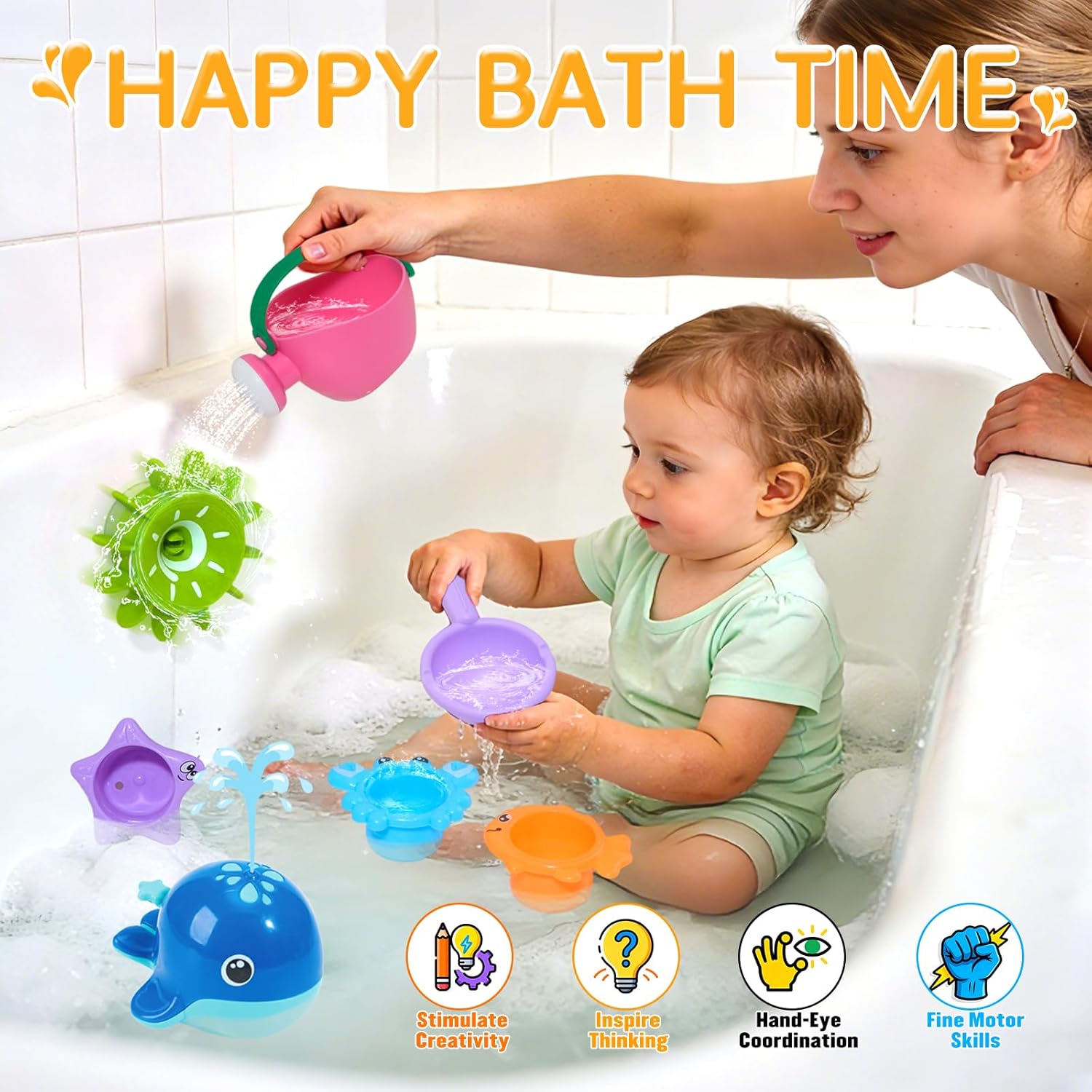 Detalle de Bath Toys for 1–4 Year Olds: All-in-One 7-Piece Bath Set for Spout-Splash Fun