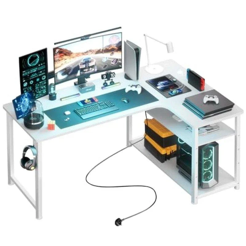 Detalle de Mesa Gaming GTPLAYER L 120x80 Enchufe USB Estantes Blanco