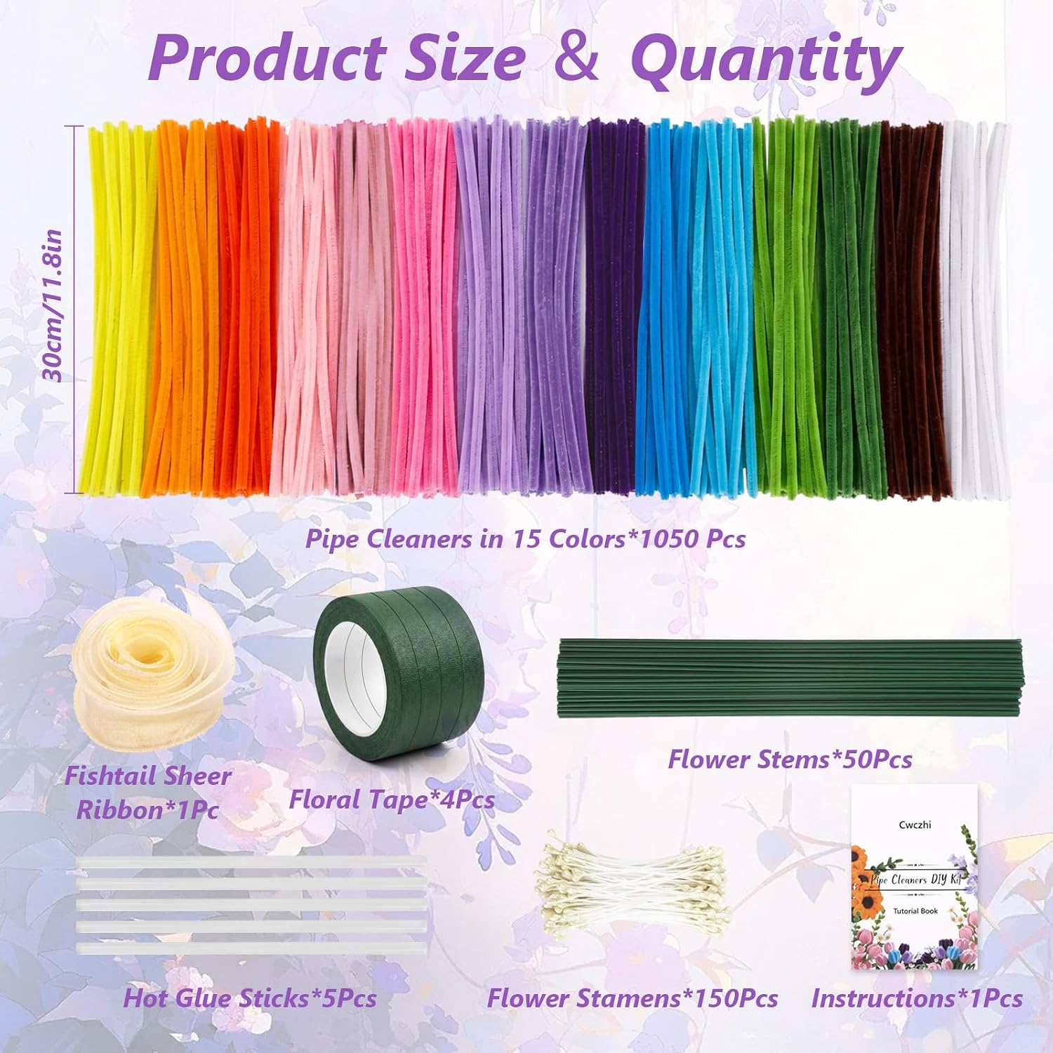 Detalle 2 de 1050 PCS Pipe Cleaner Flower Kit: 15 Colors, Floral Stems, and DIY Craft Essentials