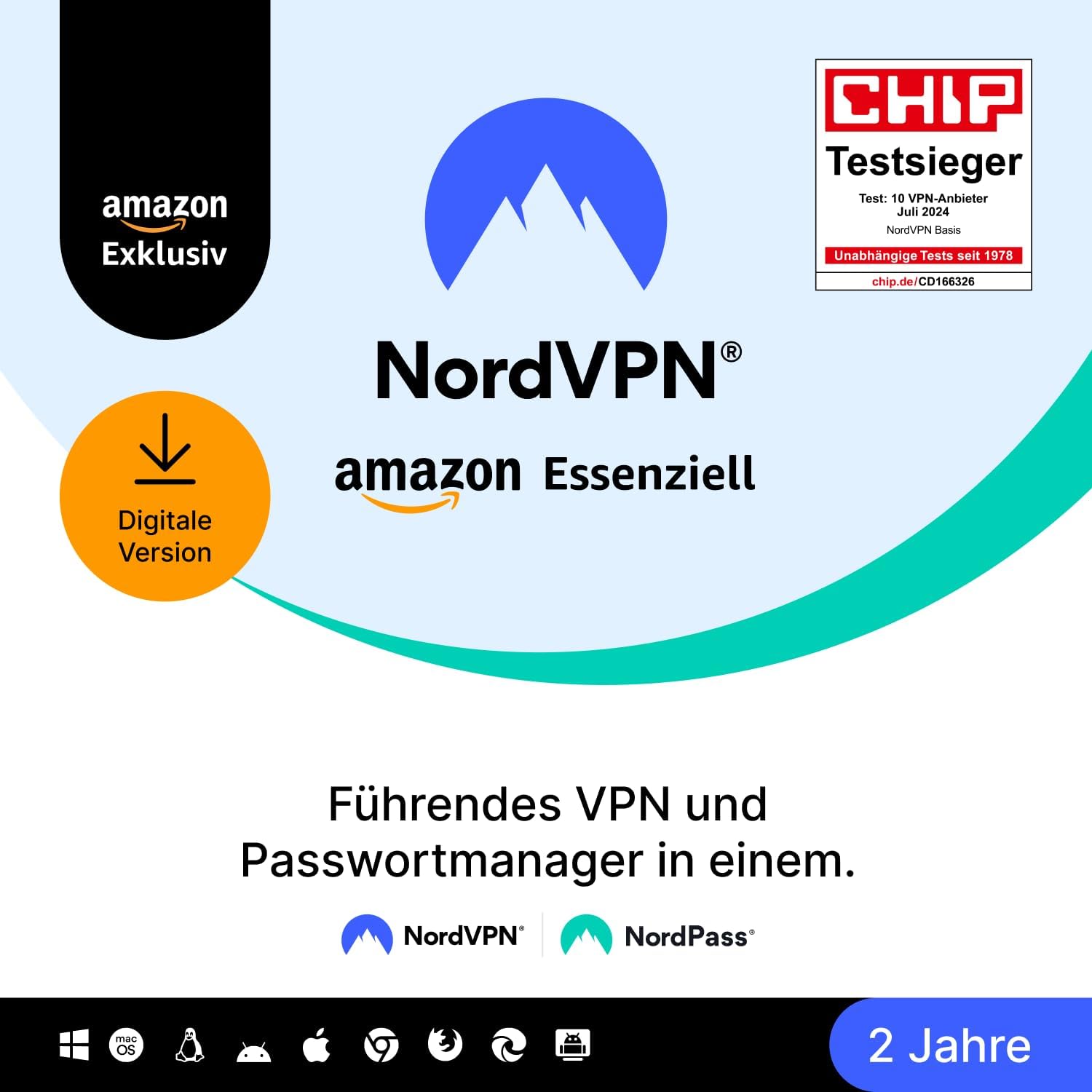 NordVPN Amazon Essenziell – VPN & Passwort-Manager, 10 Geräte, 2 Jahre (Digital-Code)