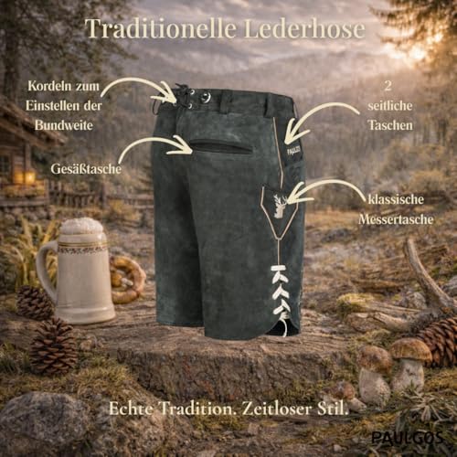 Detalle 2 de PAULGOS Herren Trachten Lederhose HK3 + Träger, Echtes Leder, Größe 56, Grau