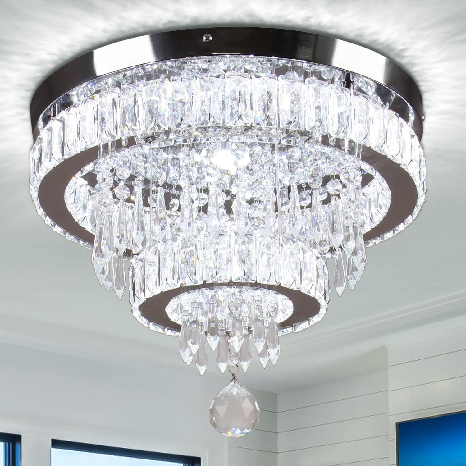 Detalle de Finktonglan 2040 2-Ring Crystal LED Semi-Flush Ceiling Light, 6500K