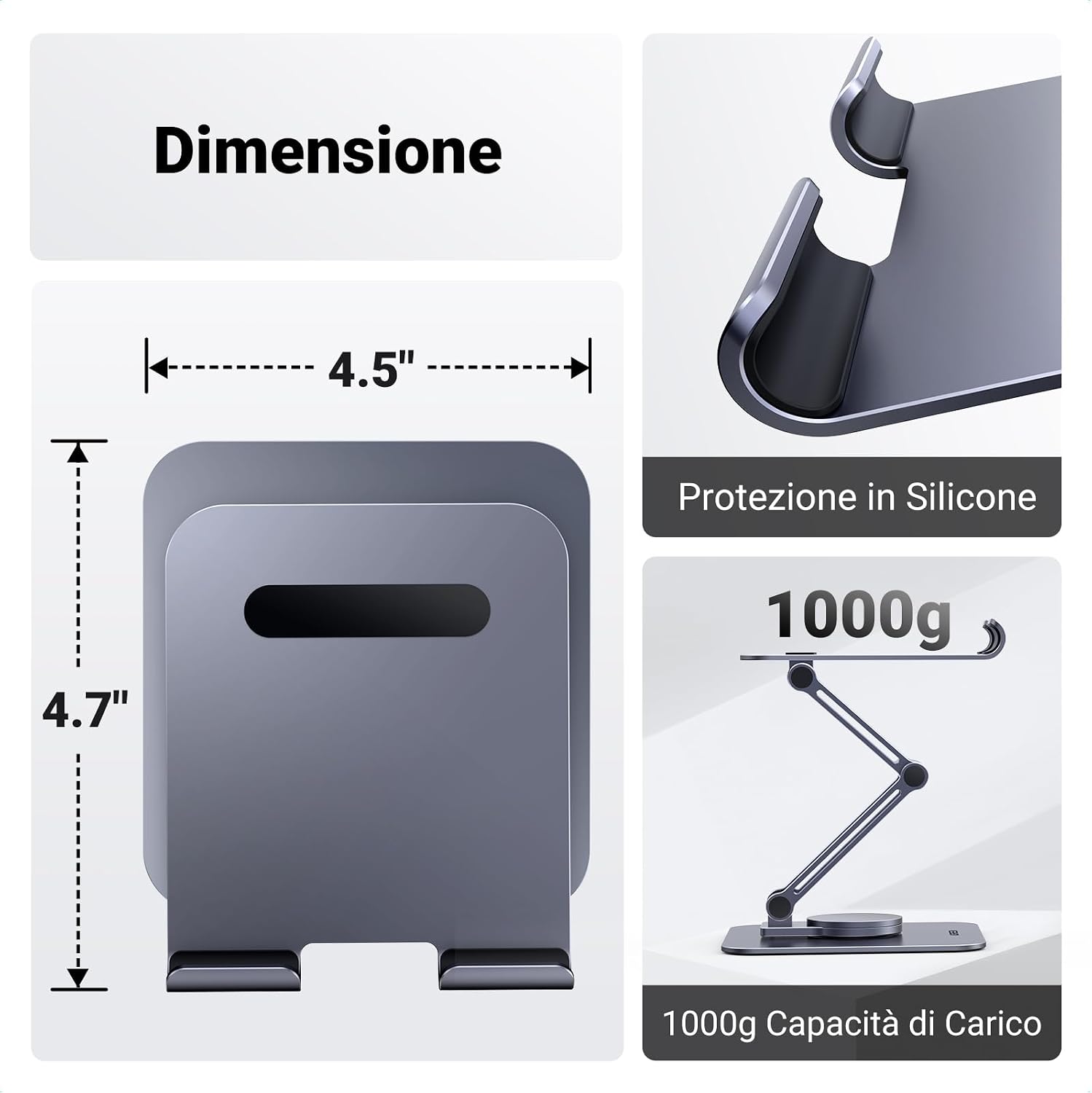 Detalle de UGREEN supporto tablet girevole da tavolo in alluminio, regolabile per Galaxy Tab e iPad/iPhone fino a 12,9”