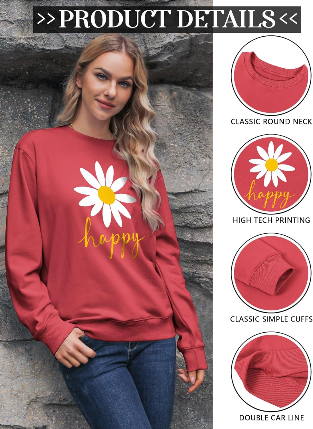 Thumbnail 3 de Yihelian Damen Sweatshirt mit Gänseblümchen Muster – Oversize Baumwollpullover für Alltag und Freizeit