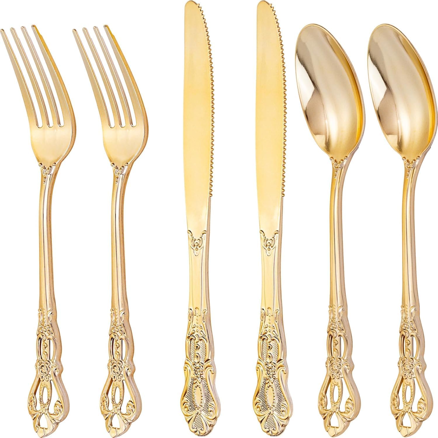 Detalle de Joyido 300Pieces Gold Plastic Silverware Set (100 forks, 100 spoons, 100 knives) – Heavy-Duty, Vintage Gold Disposable Cutlery for Dinner Parties