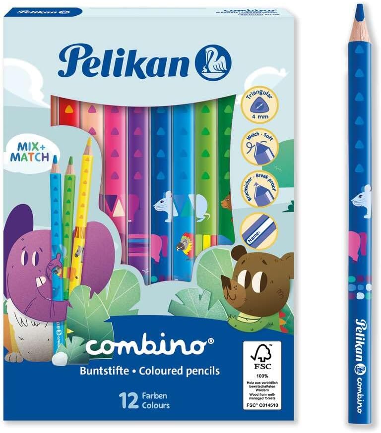 Detalle de Pelikan Jumbo Combino Buntstifte – 12 Stück, dreikantig, mit Tiermotiven