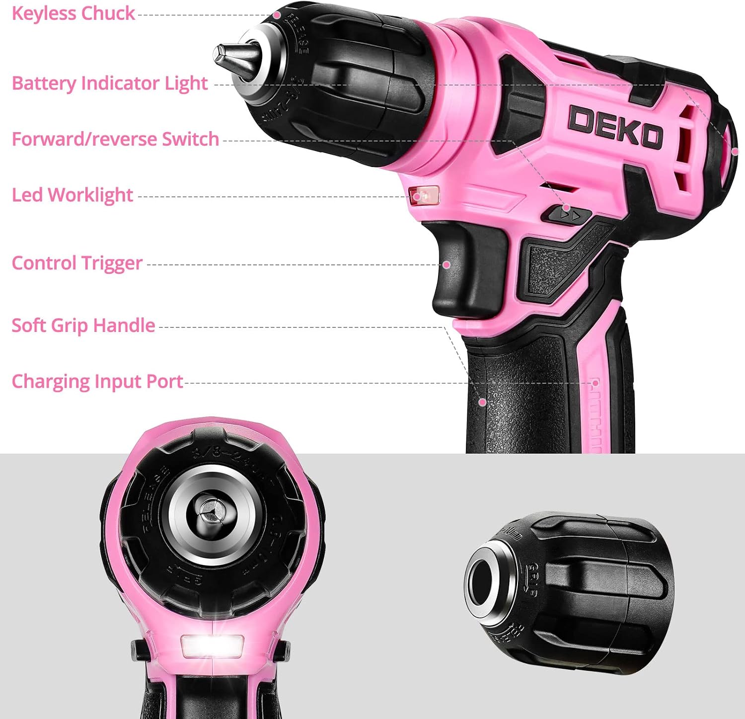 Detalle 2 de DEKOPRO DKCD08XL02-S2-EU-P 8V Cordless Drill with 3/8-Inch Chuck