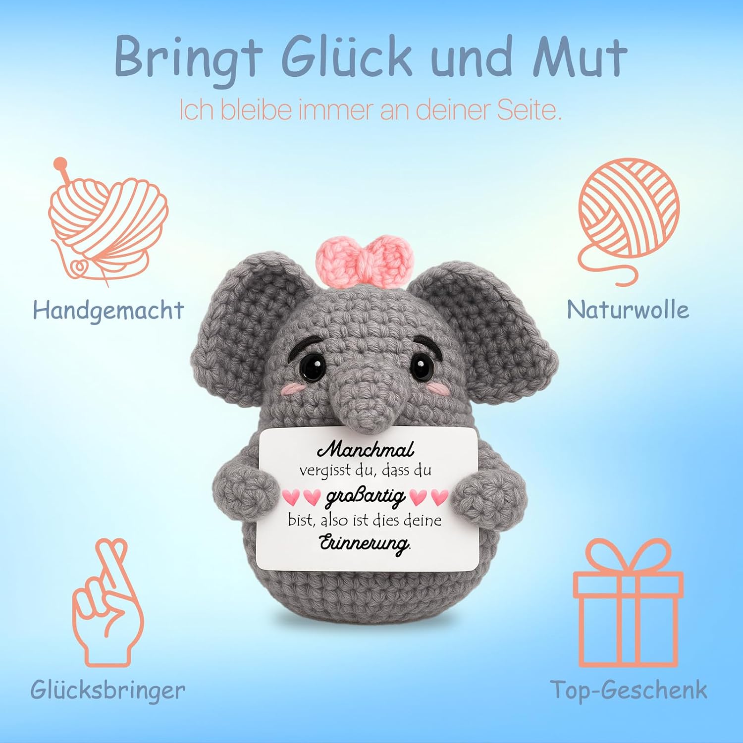 Detalle 2 de Farbeele Mutmacher-Geschenk mit Elefant und Edelstahl-Schlüsselanhänger (ca. 6 x 8 cm)