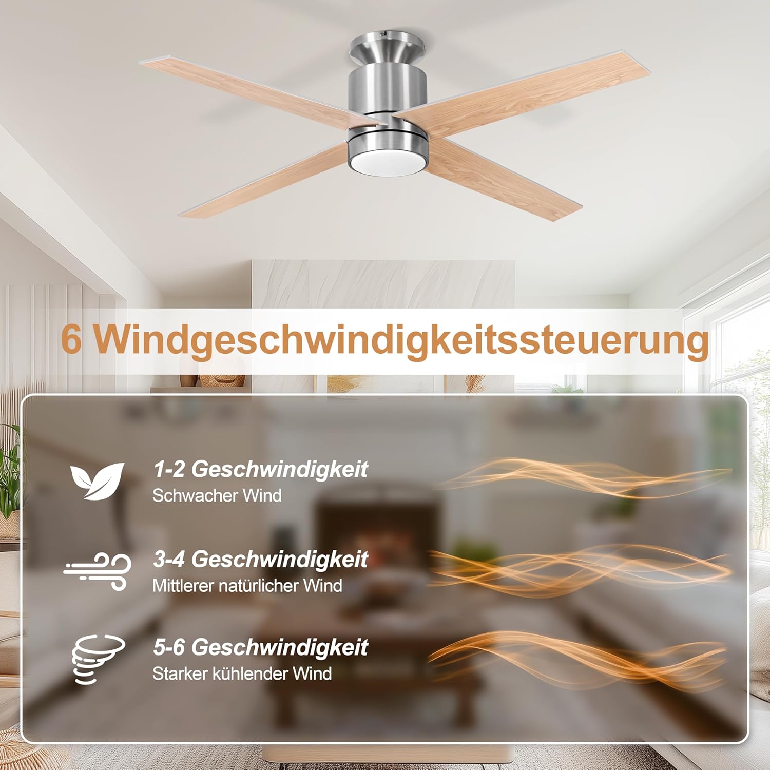 Thumbnail 3 de Ohniyou Deckenventilator mit Beleuchtung und Fernbedienung – 132 cm, 4 Flügel, 6 Geschwindigkeiten