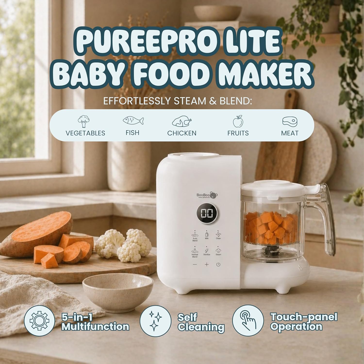 Thumbnail 1 de BooBoo Baby PuréePro V1 5-in-1 Baby Food Maker & Steamer Blender – a compact all-in-one for busy families