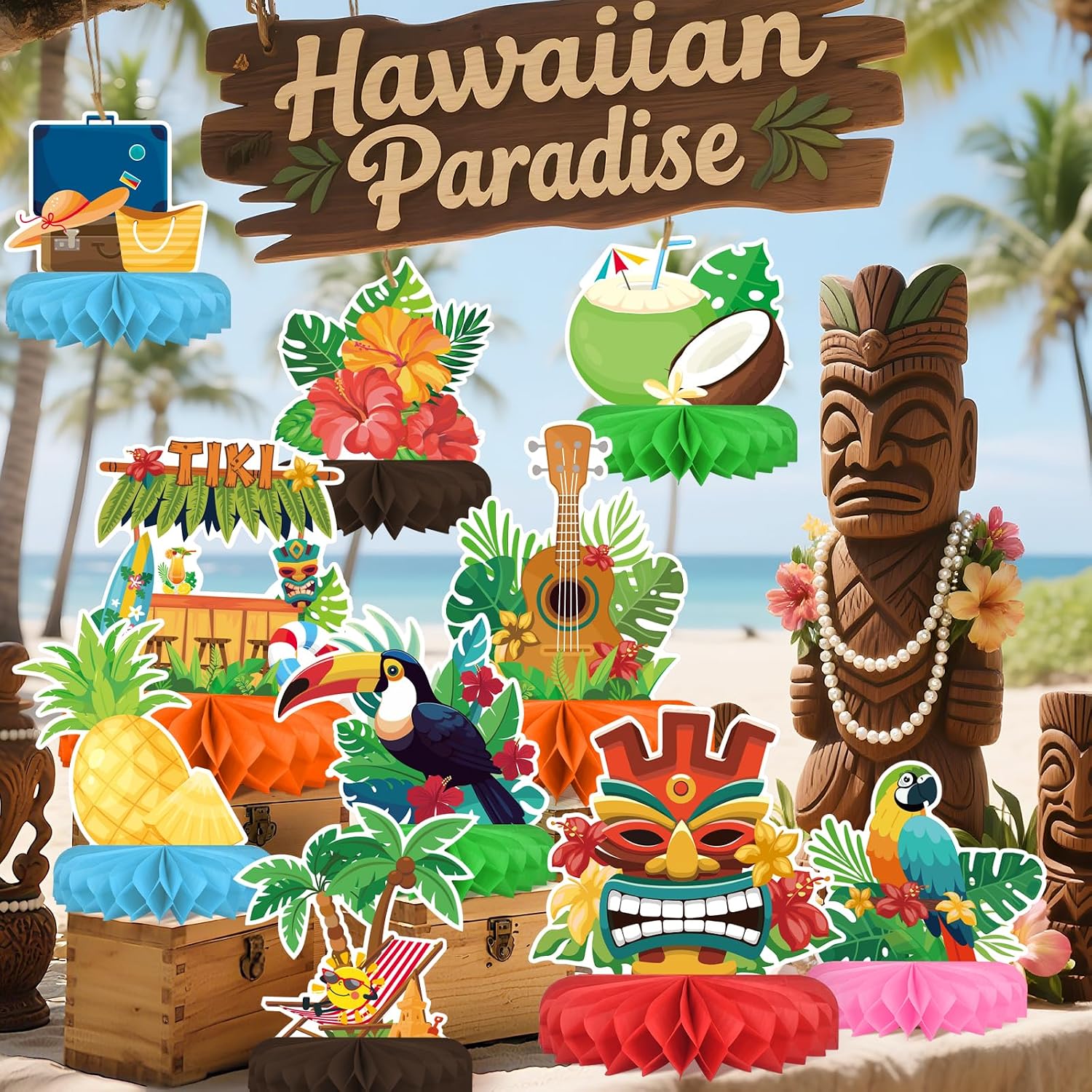 Thumbnail 6 de Hawaiian Luau Party Decorations Set: Aloha Theme Honeycomb Centerpieces for Tiki and Luau Parties