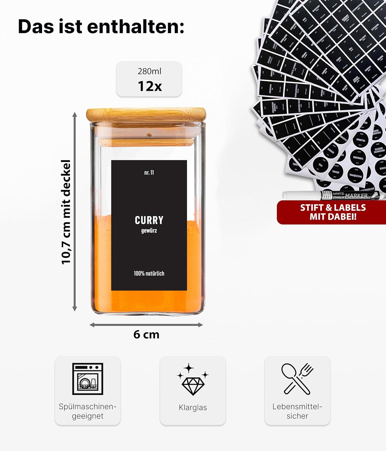 Thumbnail 3 de Deco haus® Gewürzgläser Eckig 280 ml 🧂