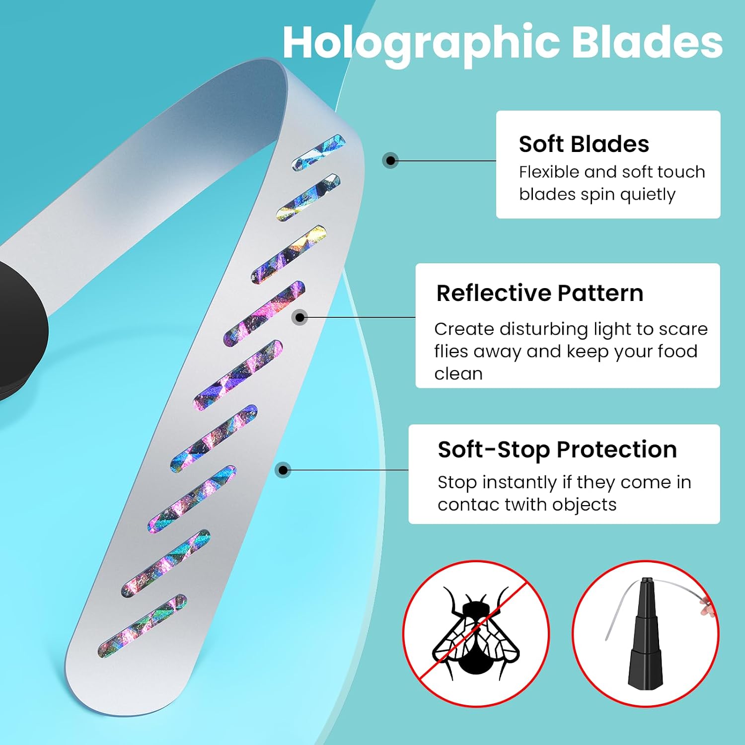 Detalle de Fly Fans for Tables – 4 Pack: Holographic Blade, Battery-Powered Fly Deterrents for Indoor & Outdoor use