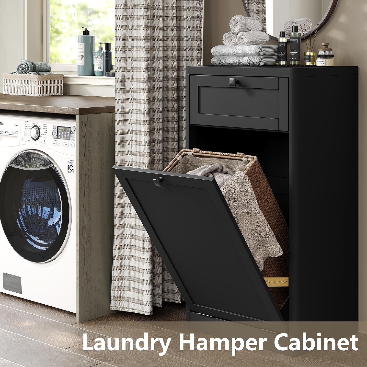 Thumbnail 2 de Furniouse 13-Gallon Tilt-Out Trash Cabinet with Drawer, Black Engineered Wood