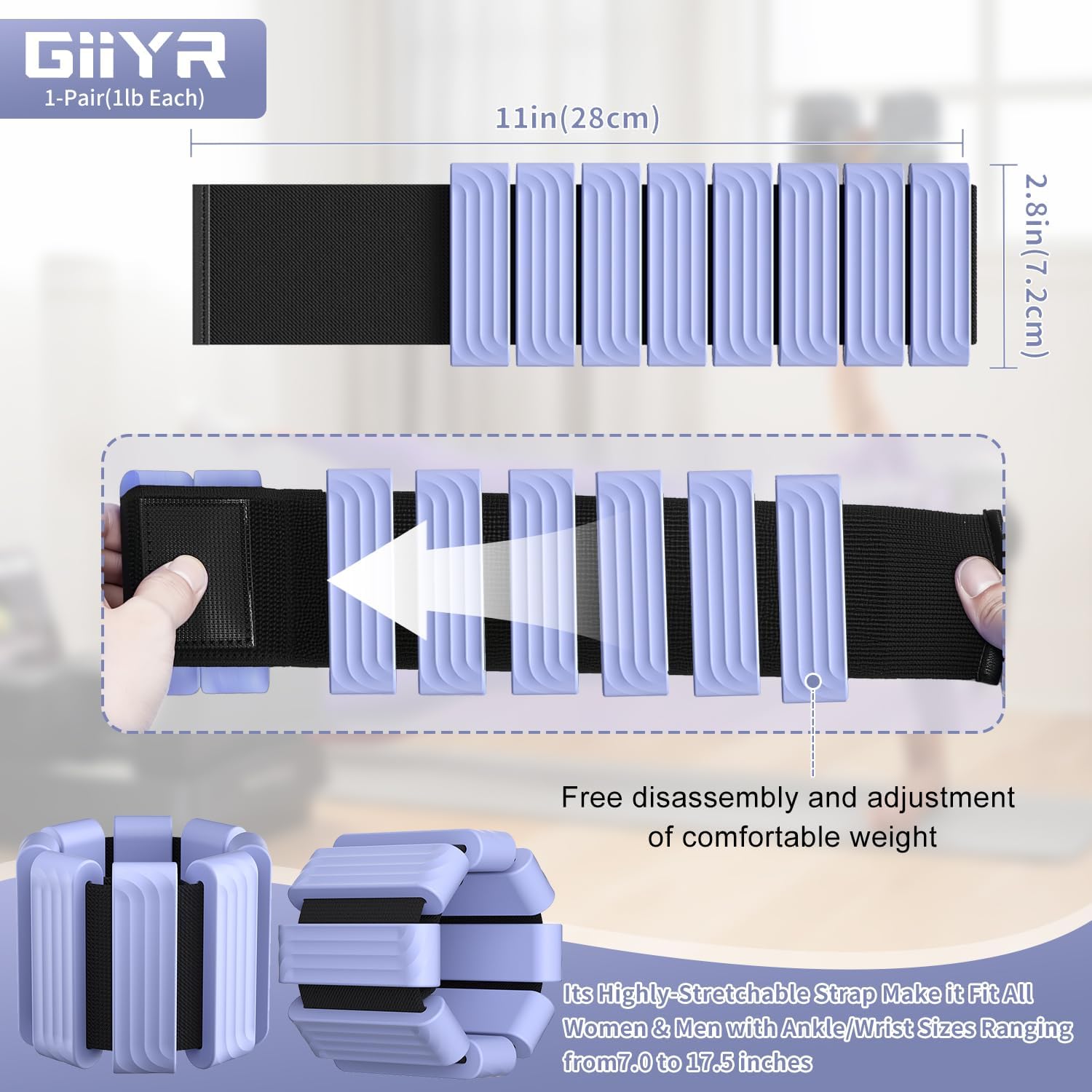 Detalle de Giiyr adjustable ankle and wrist weights set of 2 (1lb each) for yoga, Pilates, running and fitness