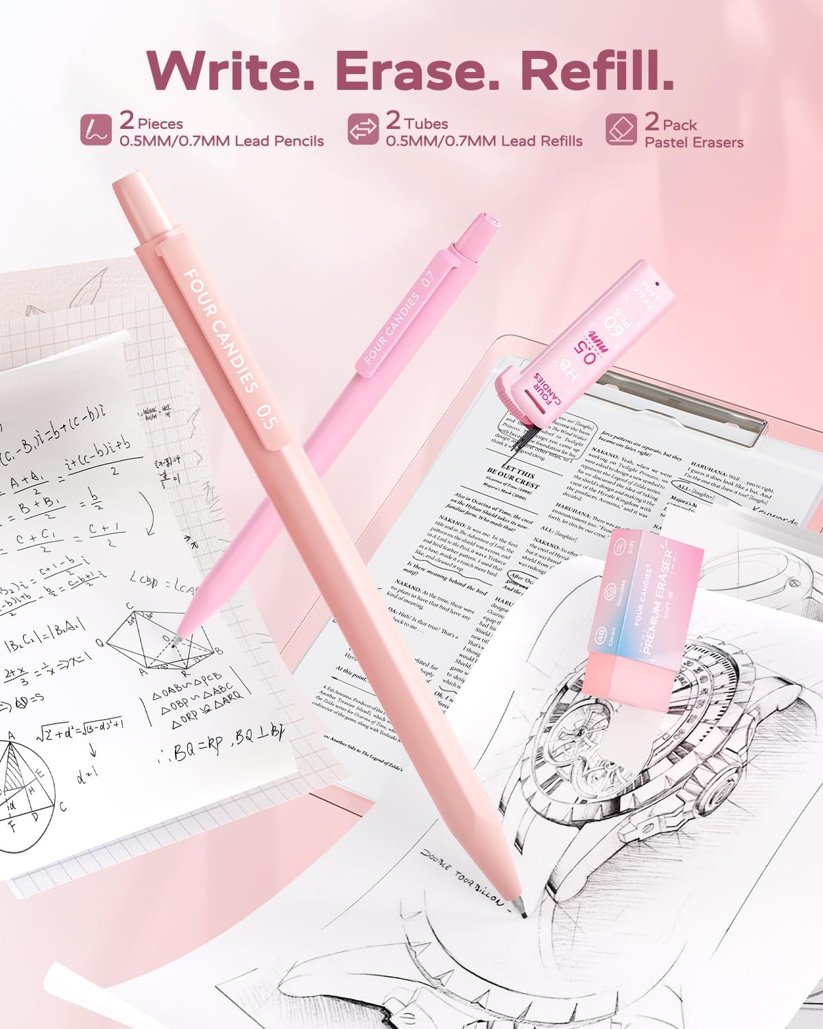Thumbnail 2 de Four Candies Ästhetisches Schulmaterial – All-in-One Set mit Gelstiften, Korrekturbändern, Textmarkern, Druckbleistiften & Haftnotizen (inkl. Etui) in Rosa