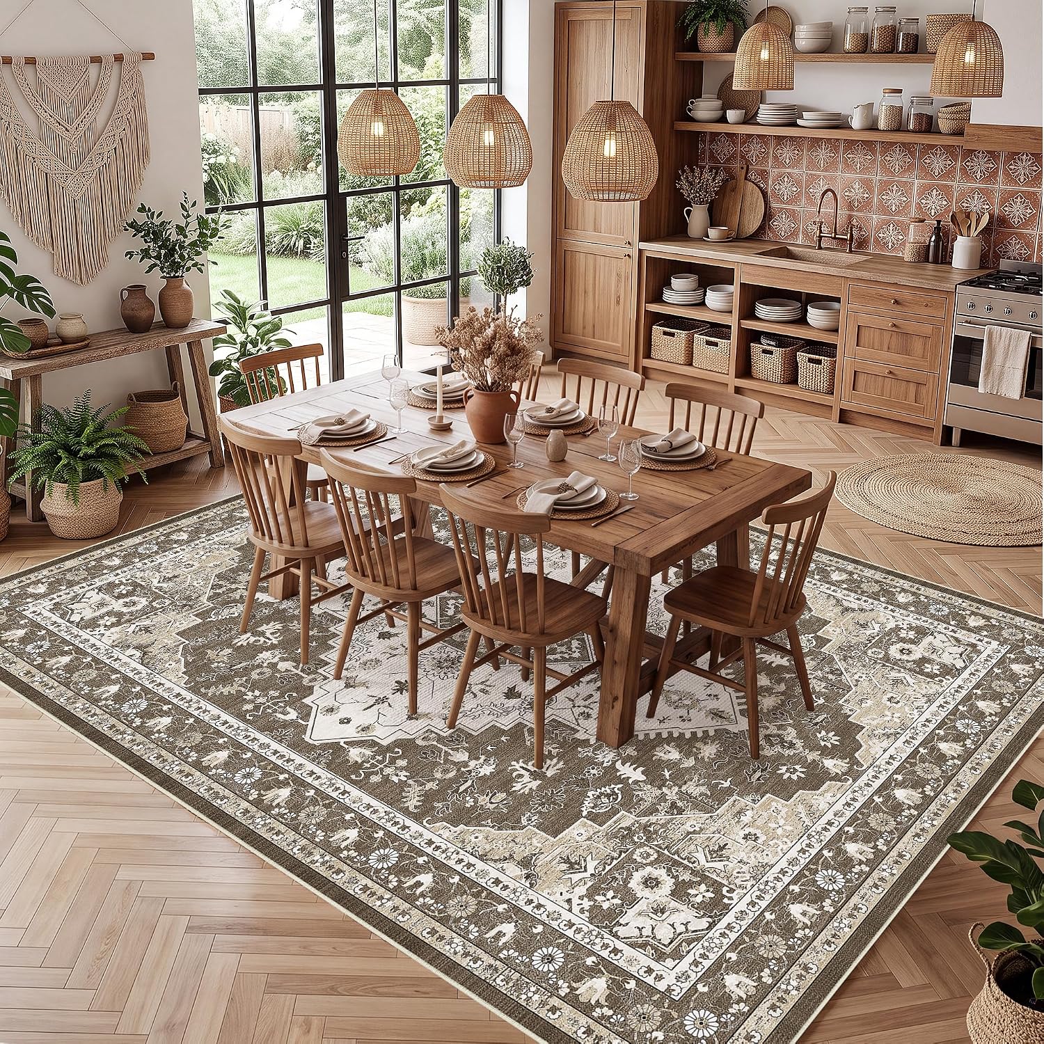 Detalle de LIVELYGLOW 8' x 10' Washable Area Rug, Low-Pile Medallion Print, Beige/Brown
