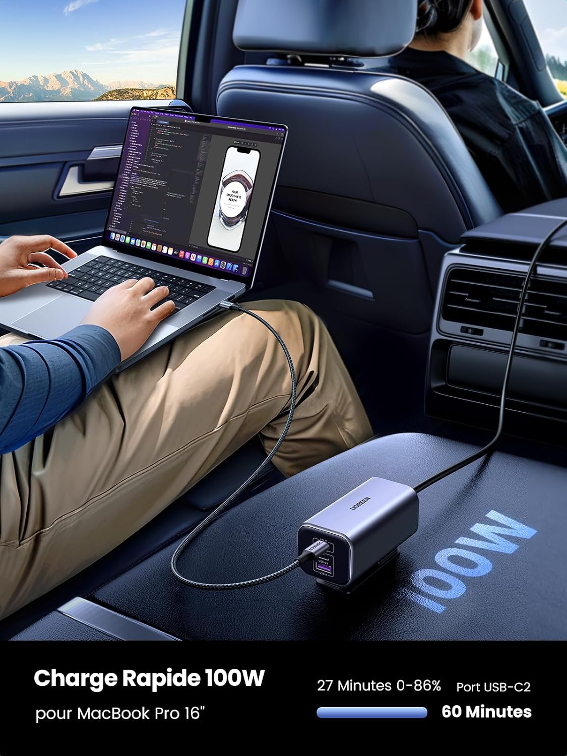 Detalle 2 de UGREEN 130W Allume Cigare USB‑C GaN PD 3.0 QC 4.0 PPS – Chargeur voiture 4 ports