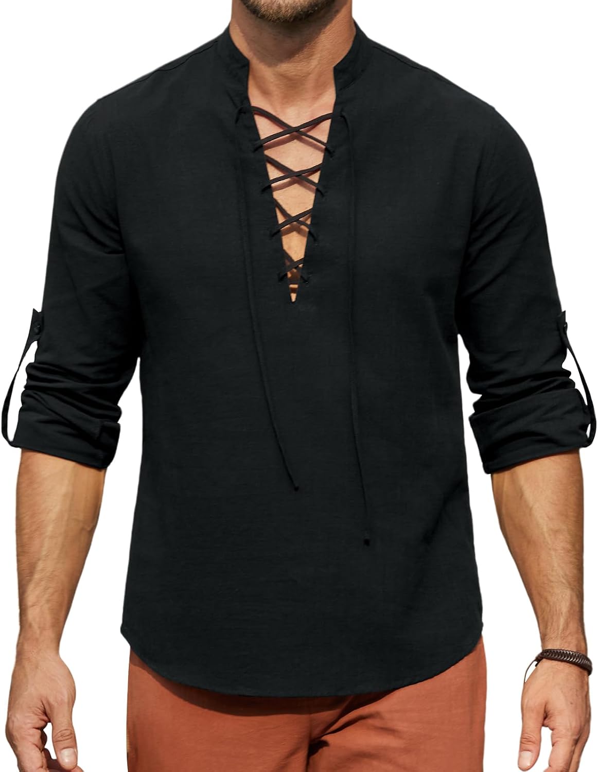 Detalle 2 de Enlision Leinenhemd Herren Langarm – Medievaler Look mit Kordelzug, 70% Baumwolle/30% Leinen