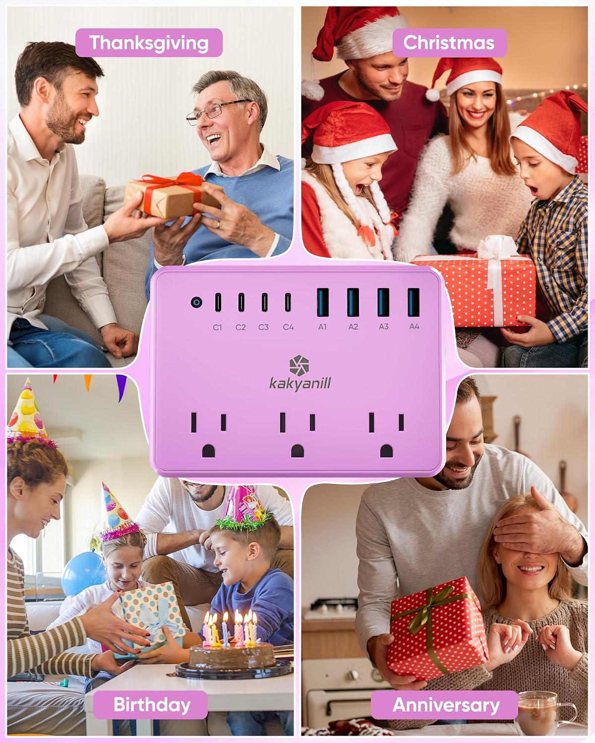 Thumbnail 5 de Kakyanill DM6 Power Strip, 6 AC Outlets, 8 USB Ports, Purple, 5-Foot Cord