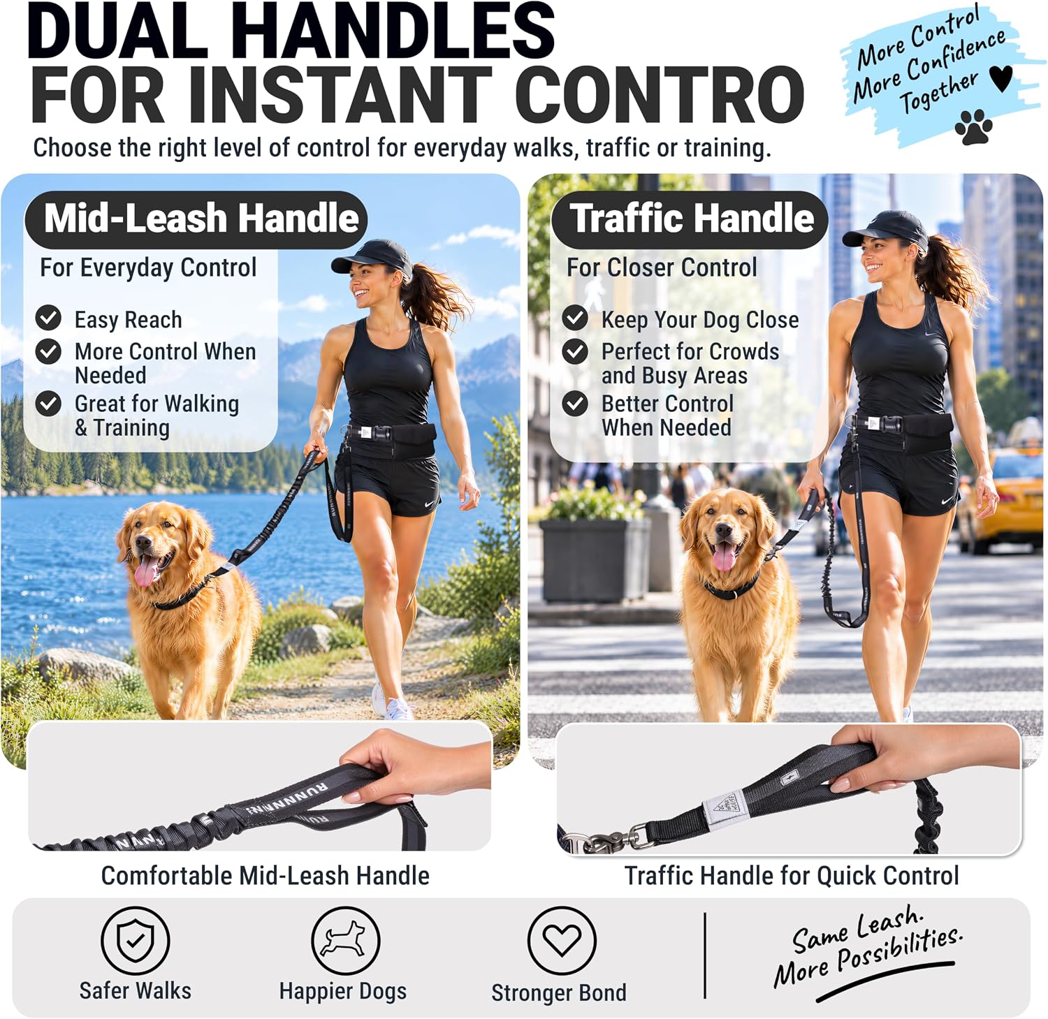 Detalle de JC HOUSE ハンズフリー犬用リード ウエストベルト・収納ポーチ付き、バンジー式・2つのハンドル
