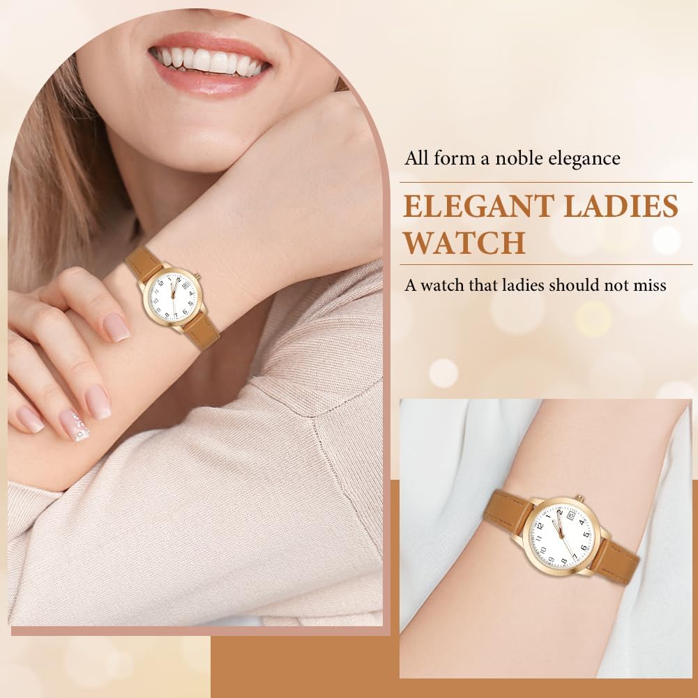 Detalle de OFFCUP Damenuhr Leder – Quarz-Armbanduhr mit Datum, 32 mm Zifferblatt, Lederarmband